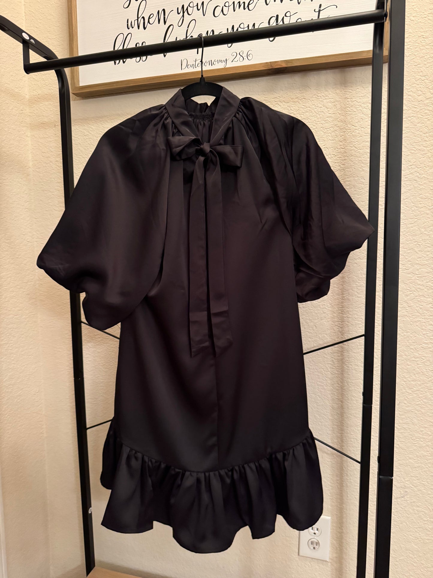 Black Satin Puff Sleeve Dress image 1