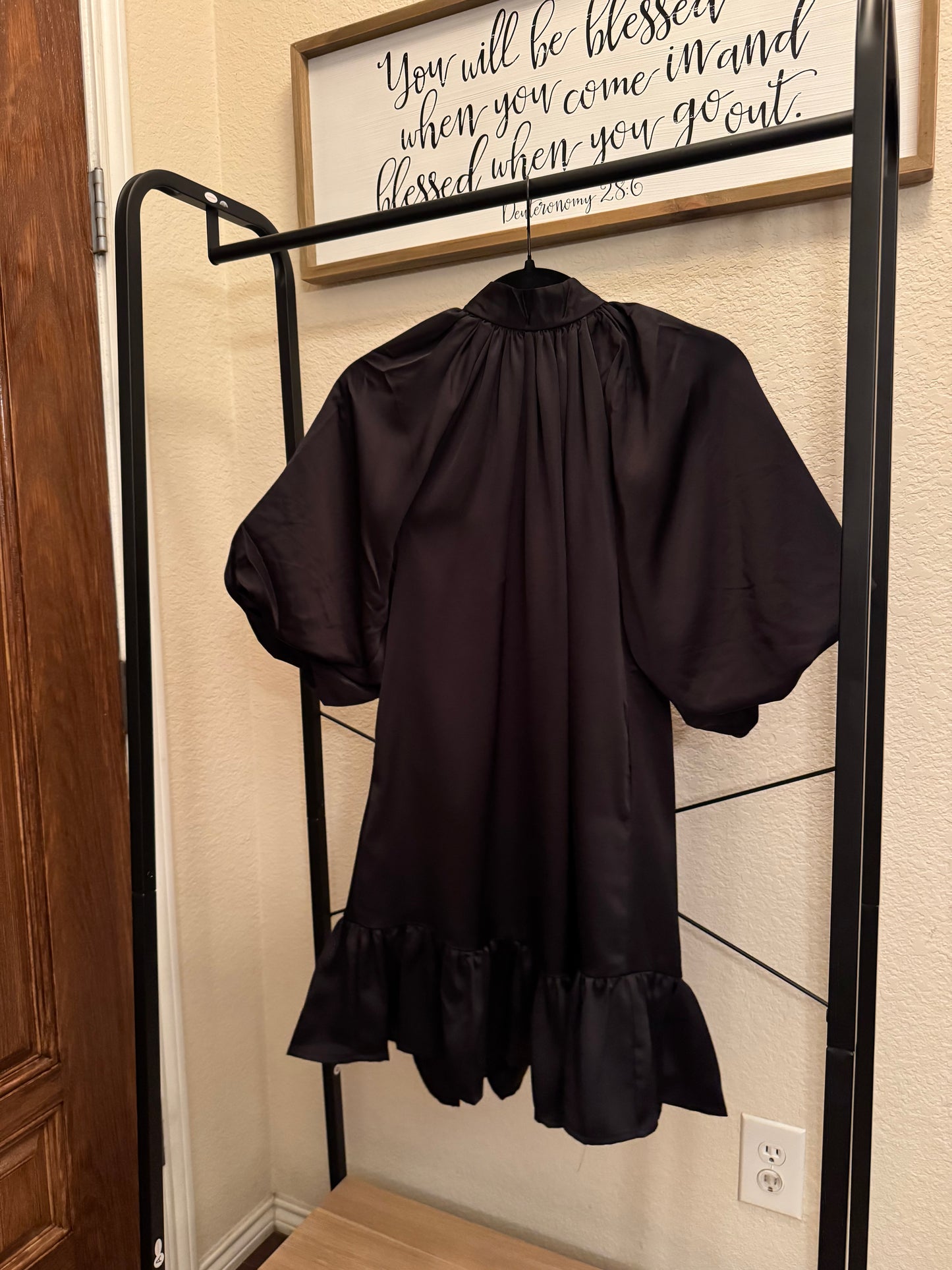 Black Satin Puff Sleeve Dress image 0