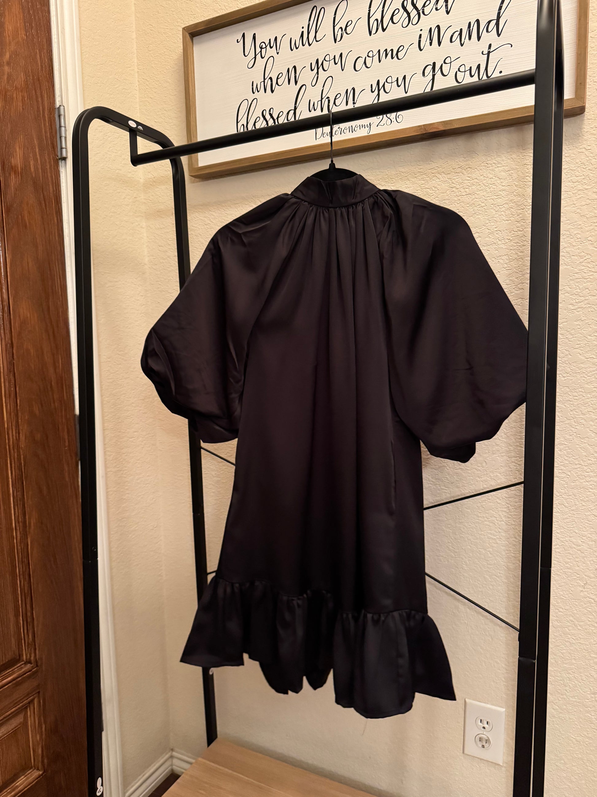 Black Satin Puff Sleeve Dress image 0