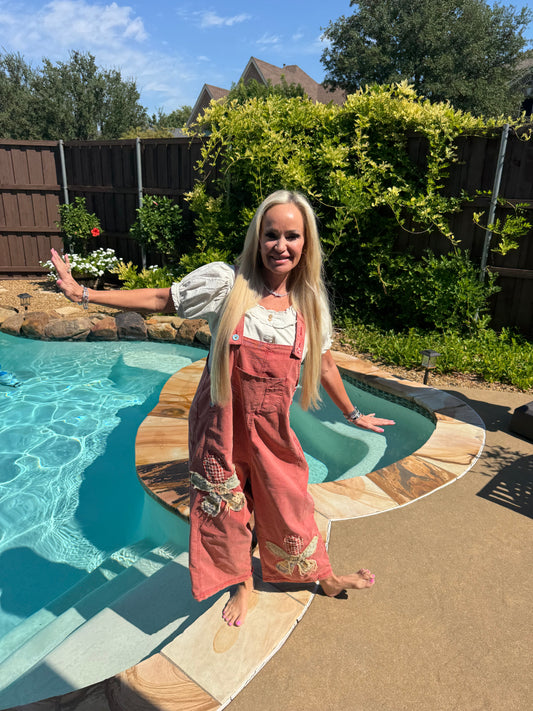 Red Denim Floral Overalls