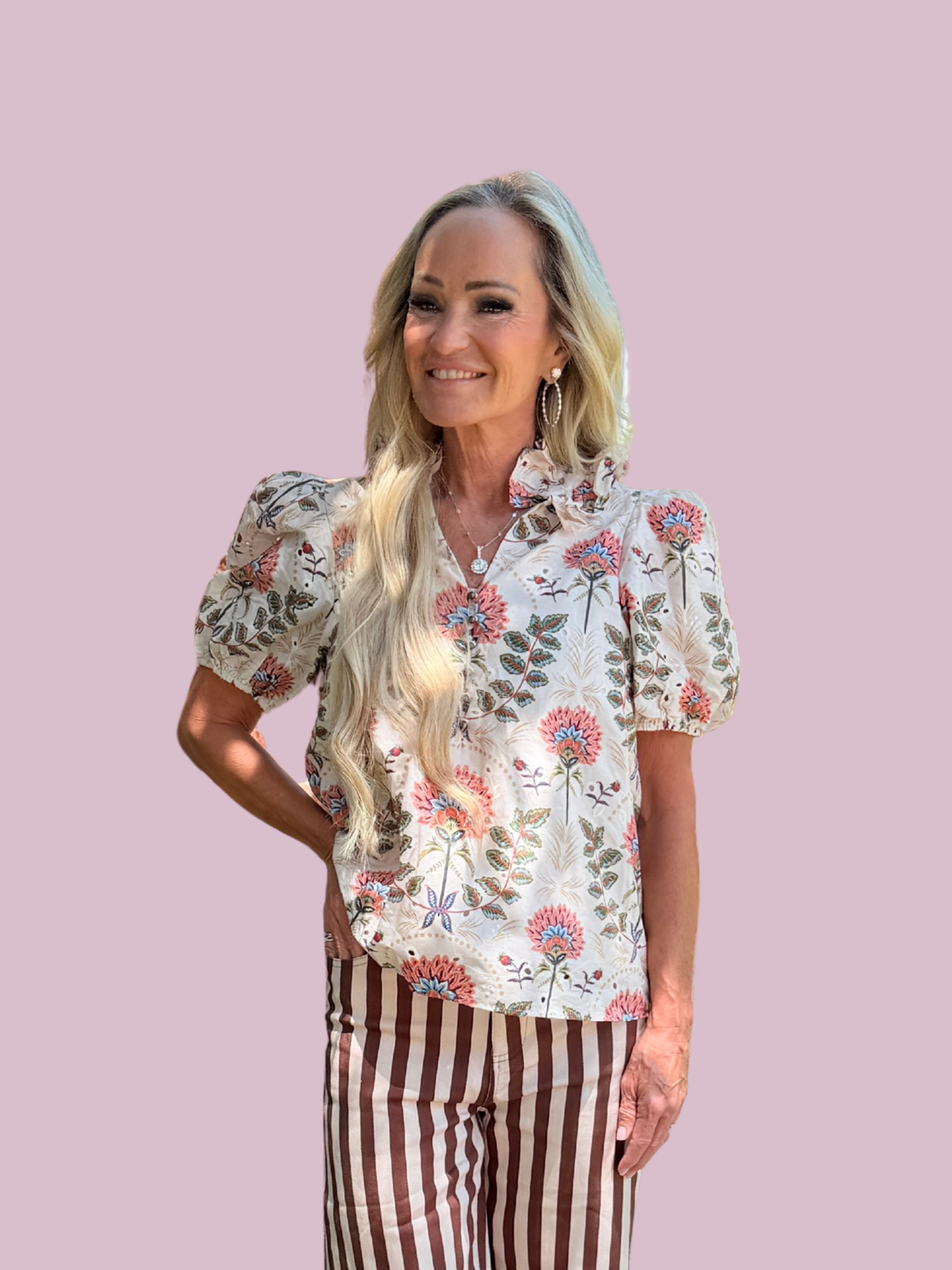 Cream Floral Puff Sleeve Top