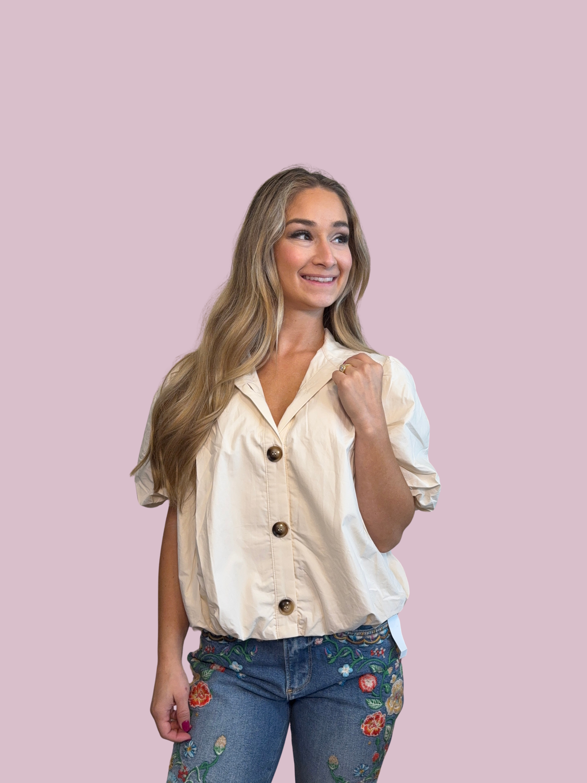 Cream Cotton Puff Button Top