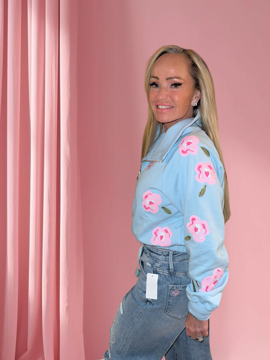 Ice Blue Floral Half-Zip Sweatshirt