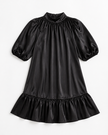 Satin Puff Sleeve Dress | Black