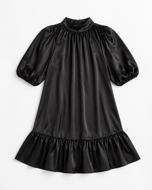 Satin Puff Sleeve Dress | Black