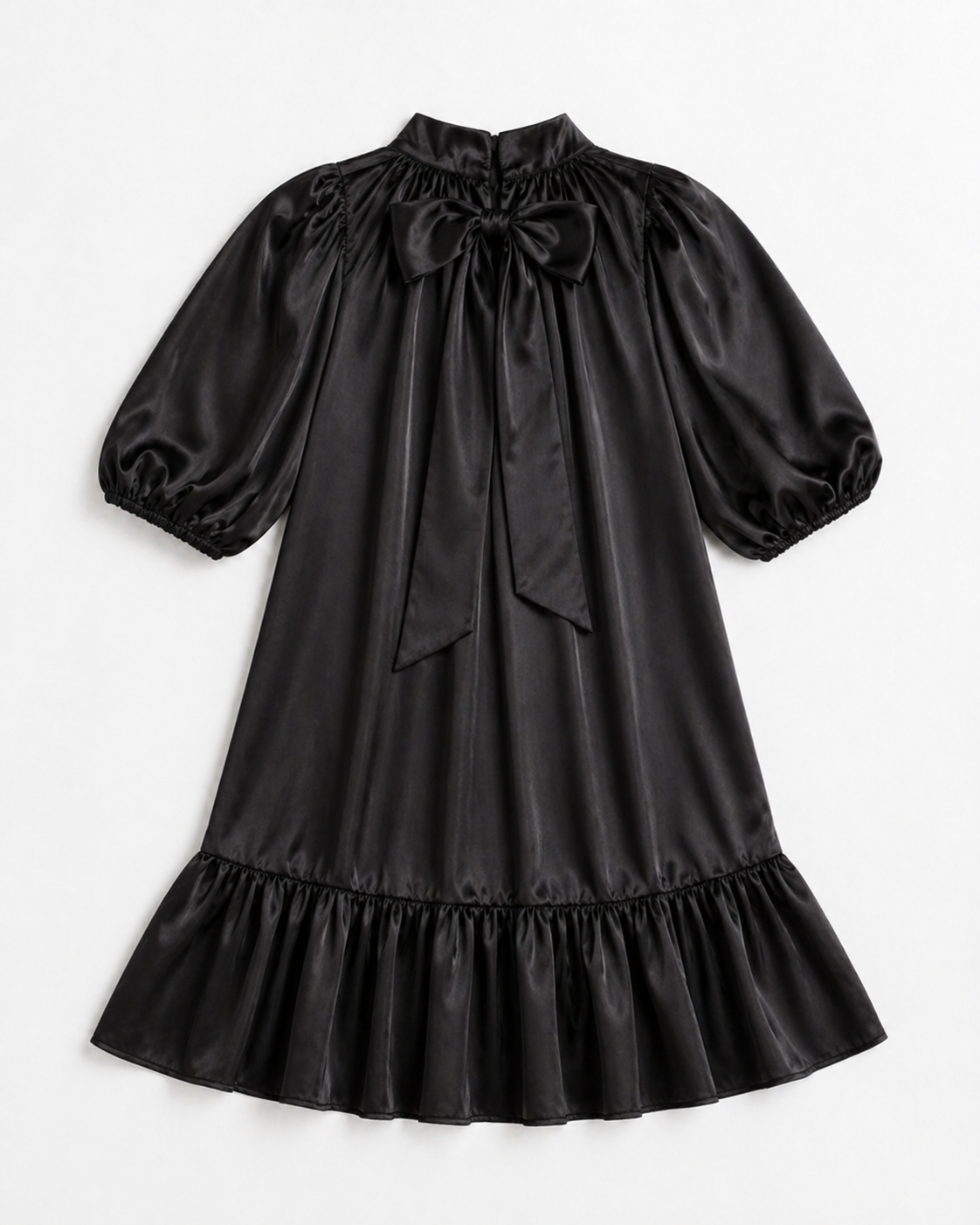 Satin Puff Sleeve Dress | Black