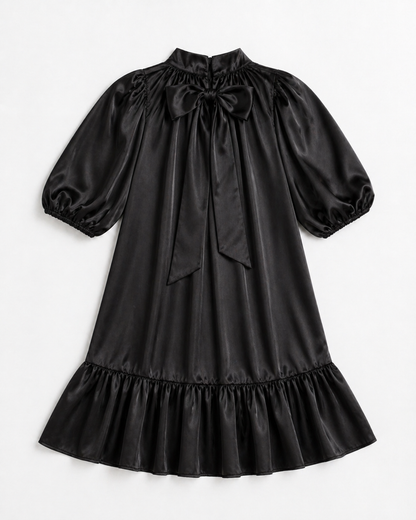 Satin Puff Sleeve Dress | Black