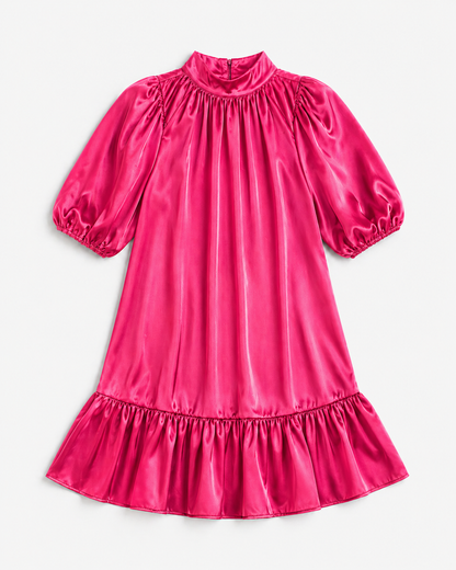 Satin Puff Sleeve Dress | Hot Pink