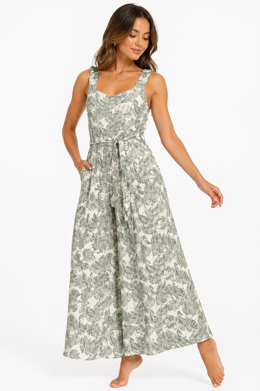 Green Leaf Print Jumpsuit