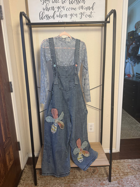 Flower Patch Oversized Overalls - Blue