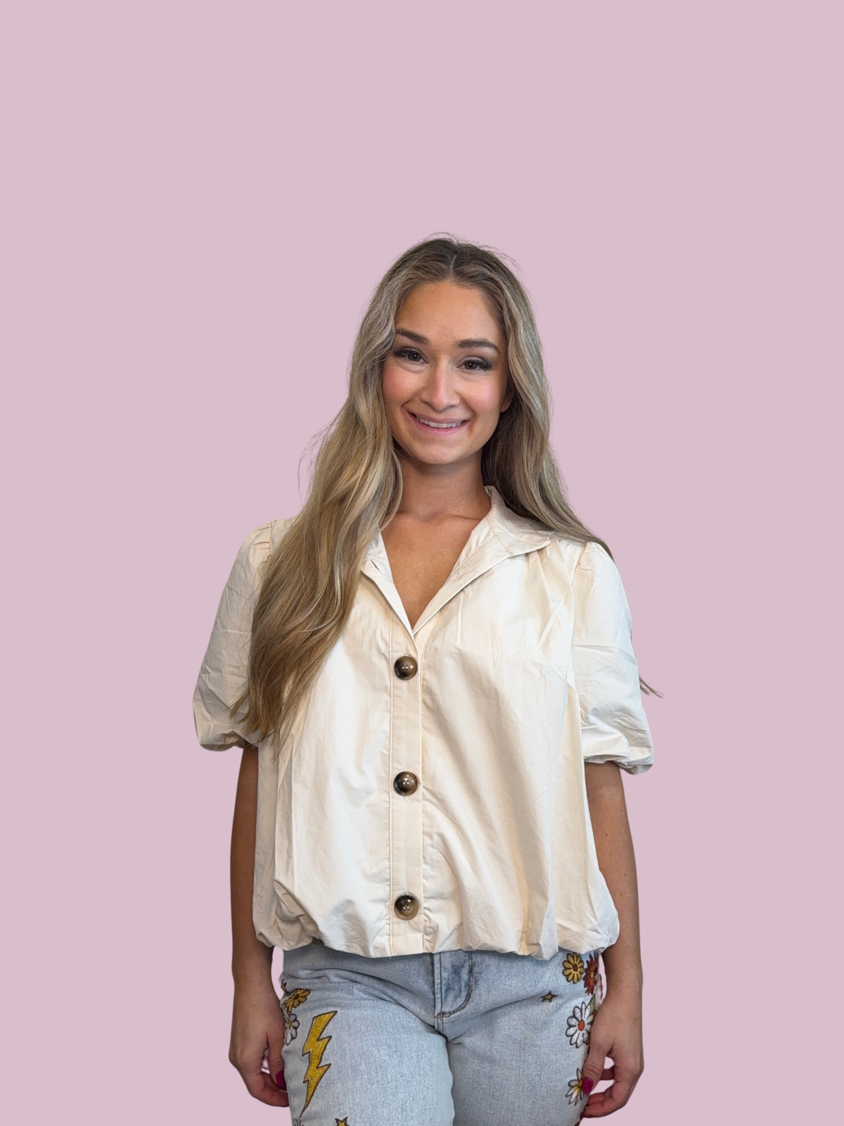 Cream Cotton Puff Button Top
