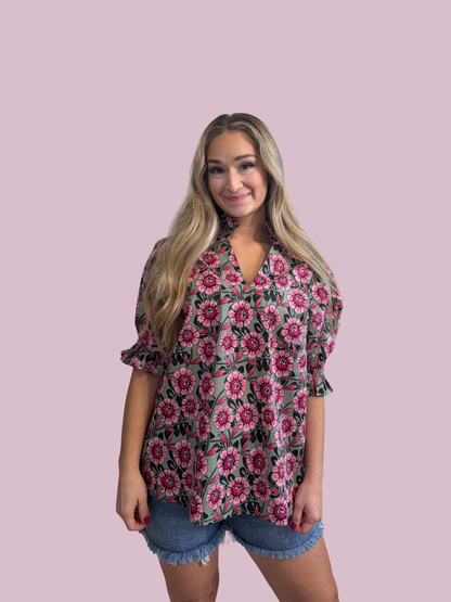 Pink Olive Floral Puff Sleeve Top