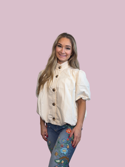 Cream Cotton Puff Button Top