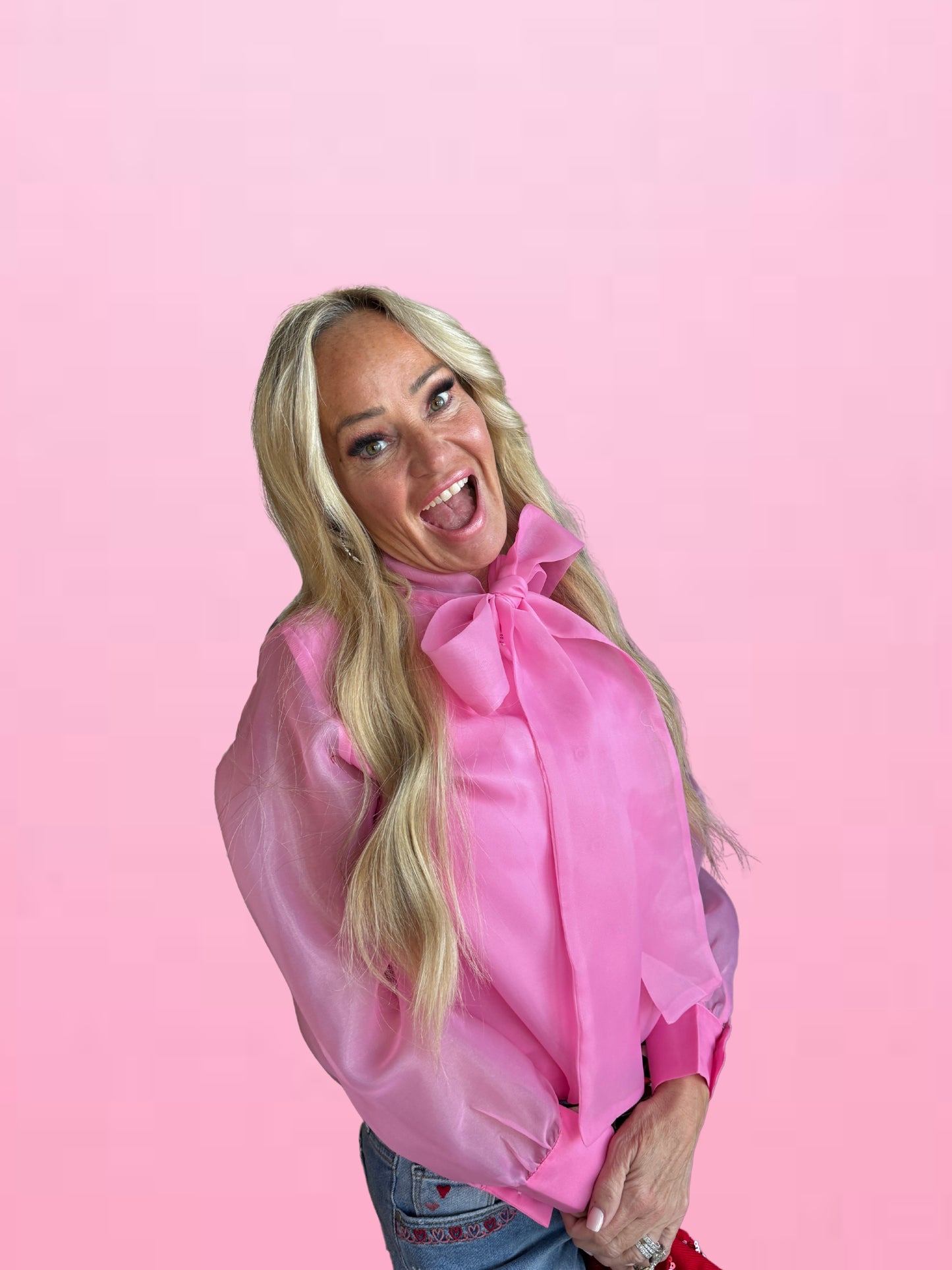Light Pink Button Down Blouse With Bow