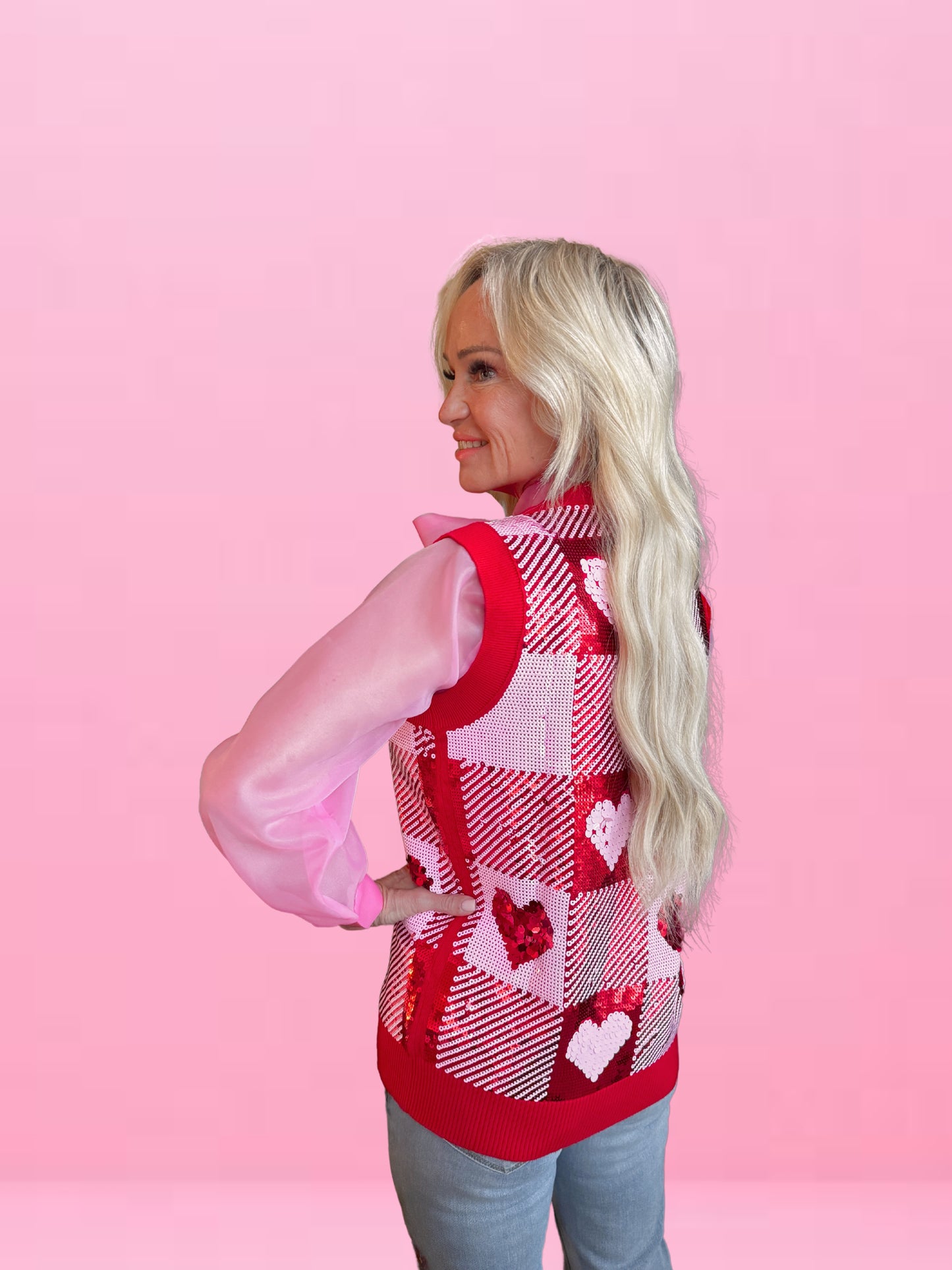 Sequin Hearts Plaid Sweater Vest