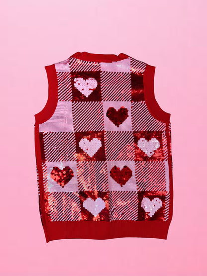 Sequin Hearts Plaid Sweater Vest